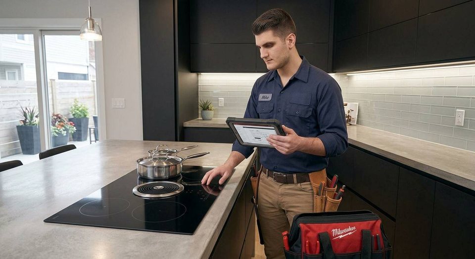 Induction cooktop test, work order on the tablet