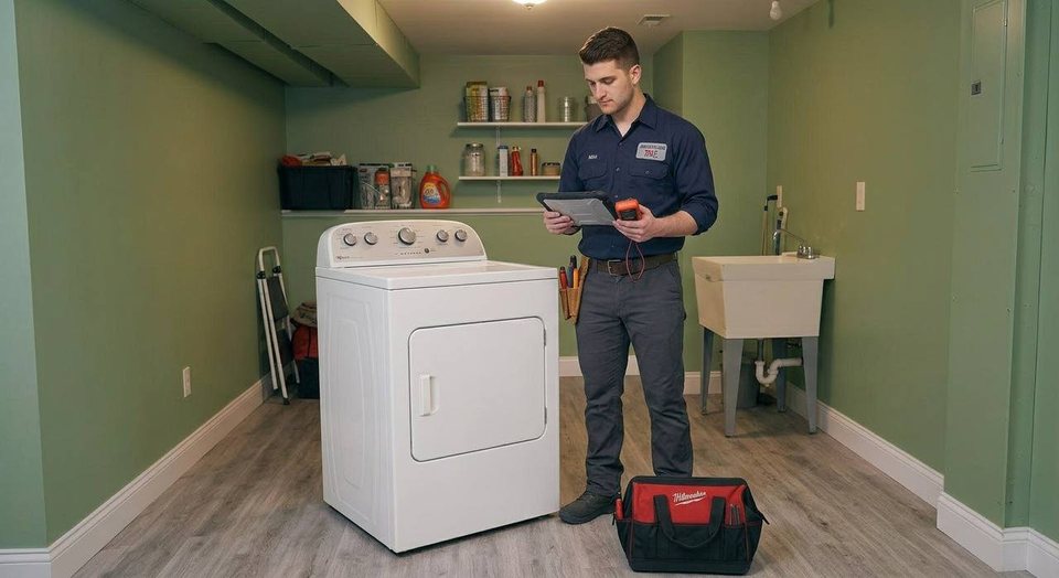 Mike running dryer diagnostics in a basement laundry room